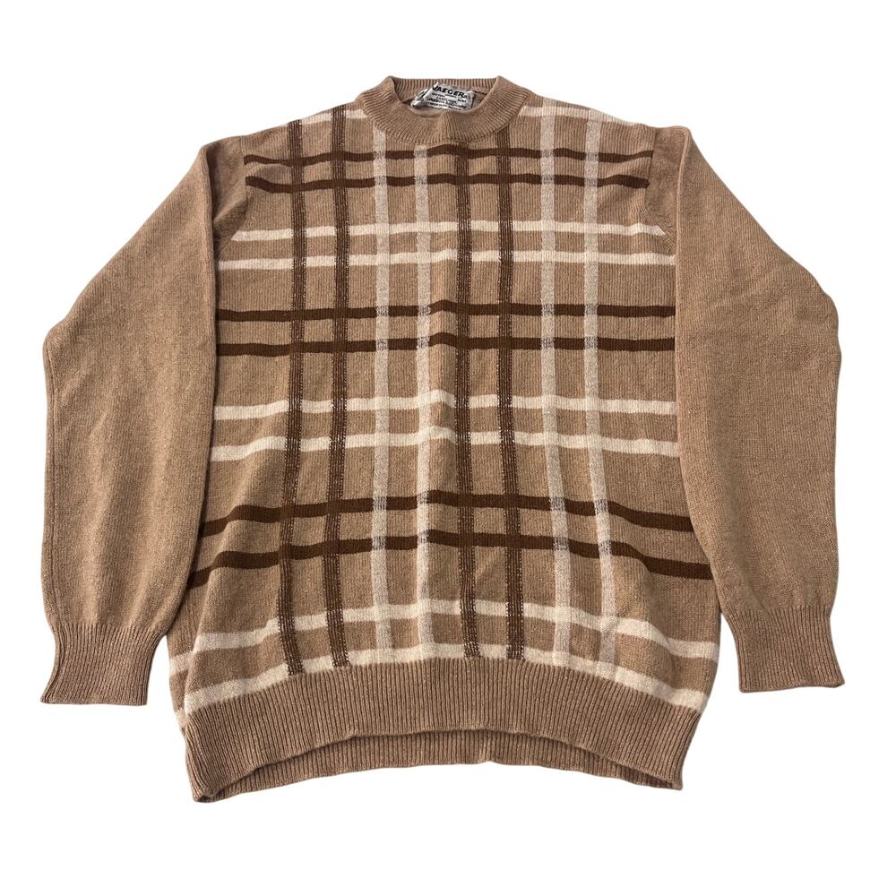 JAEGER London VTG Mens Plaid Sweater Camel Hair Lambswool Cashmere Size 38 M